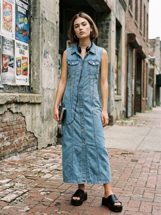Vero Moda Dresses & Skirts - Vero Moda Vintage Style Sleeveless Denim Midi Dress Button Down Size Large L